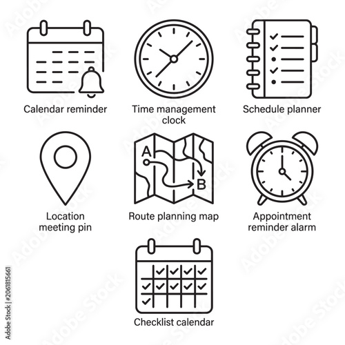 Set of simple black line icons for time management schedule and daily planning tasks vector design.