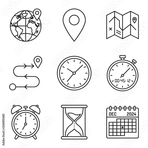 Set of travel and time management icons with globe map clock and calendar sketches vector illustration set.