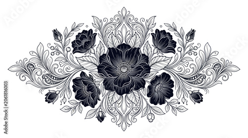 Elegant Floral Ornament, Black and White, Vintage Botanical Illustration, Swirls, Flowers