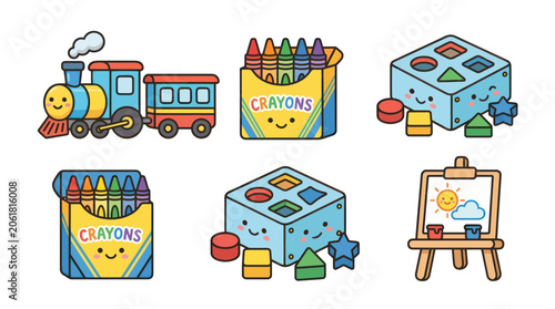 Cute Cartoon Toys: Train, Crayons, Shape Sorter, Easel with Drawing