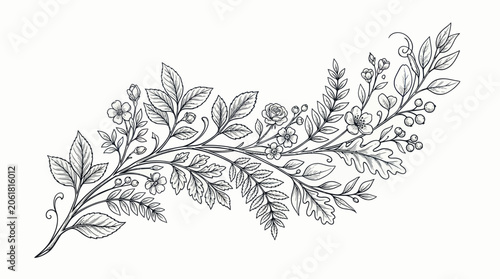 Elegant Botanical Branch Sketch with Flowers and Leaves