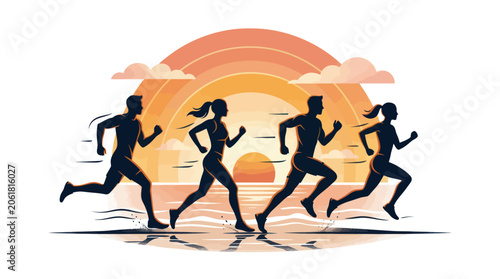 Diverse runners silhouette marathon at sunrise beach, active lifestyle and fitness concept