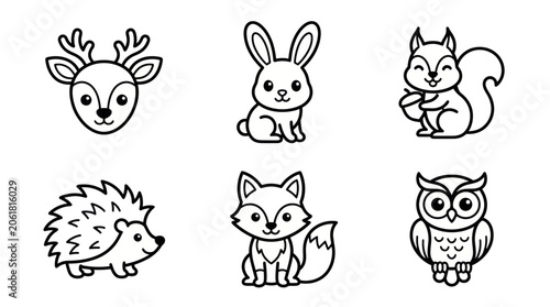 Cute Forest Animals Collection: Deer, Rabbit, Squirrel, Hedgehog, Fox, Owl - Line Art