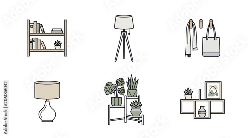 Cozy Home Decor Set: Bookshelf, Lamps, Plants, Scarf, Tote Bag, Wall Art
