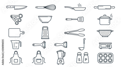Kitchen Utensils and Tools Line Art Icons Set