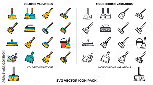 Cleaning Tools Icon Set: Brooms, Dustpans, Buckets - Color & Monochrome Vector Graphics