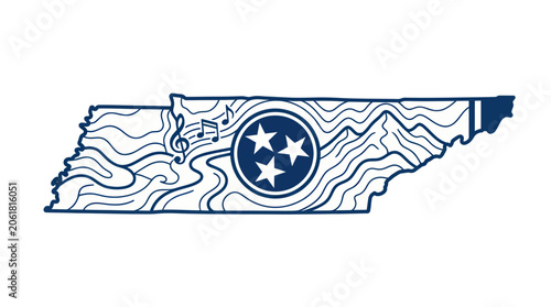 Tennessee Music State Outline with Stars and Musical Notes