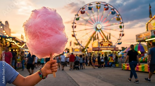 Child's hand holding large pink cotton candy at a state fair with an illuminated Ferris wheel, carnival booths, and crowds under a sunset sky during late summer festivities.