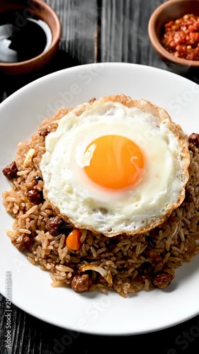 Fried egg over rice on white plate with sauces