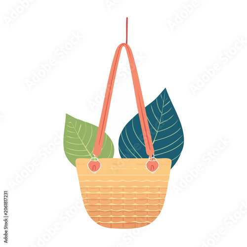 Flat design illustration of a woven basket with leaves