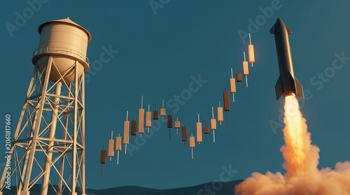 Rocket launch next to rising candlestick chart in 3D render financial scene.