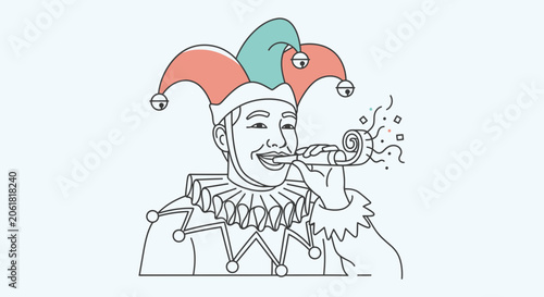 A cartoon trickster whispers a secret outdoors with a sly expression on his face.
