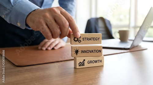 Businessman hand stacking wooden blocks labeled strategy, innovation, and growth on a desk in a bright corporate office