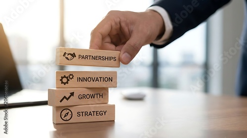 Hand placing a wooden block labeled partnerships on a stack with innovation, growth, and strategy in office workspace