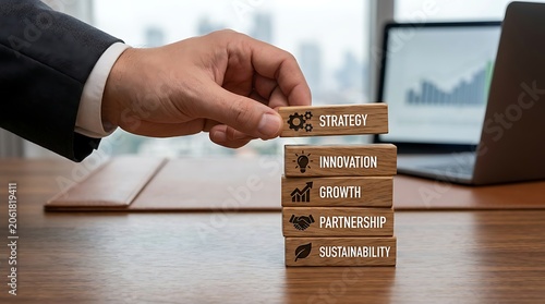 Hand placing a wooden block with strategy text on a stack of business concepts on a desk in a bright office environment