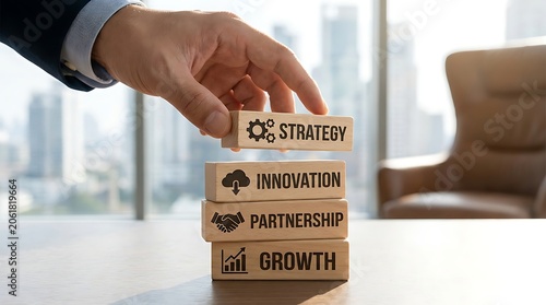 Hand stacking wooden blocks with strategy, innovation, partnership, and growth text and on an office desk