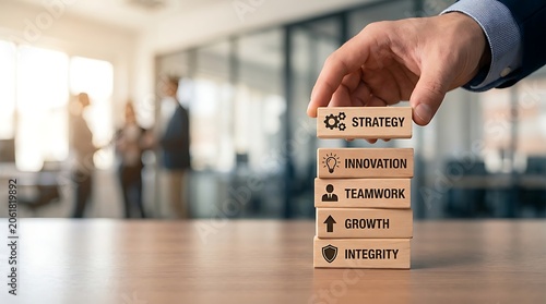 Hand placing a wooden block with strategy text on a stack of blocks representing innovation, teamwork, and growth