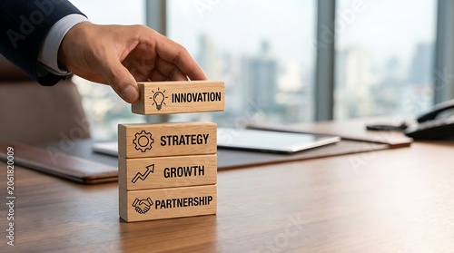 Businessman stacking wooden blocks with innovation, strategy, growth, and partnership concepts in a corporate office