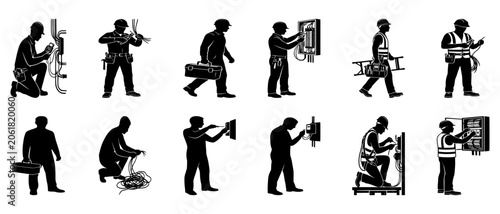 Foto Electrician Worker Silhouette Bundle Set - Professional Technician Poses Vector