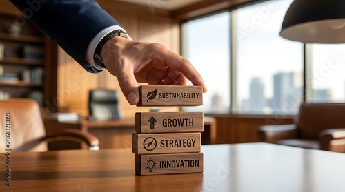 Hand placing a wooden block with sustainability text on a stack of business strategy and innovation concept blocks
