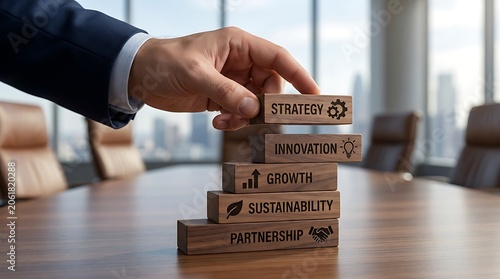 Hand stacking wooden blocks labeled strategy, innovation, growth, sustainability, and partnership in an office