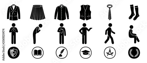Φωτογραφία School uniform vector icon set depicting student dress code rules, etiquette poses, and academic achievements