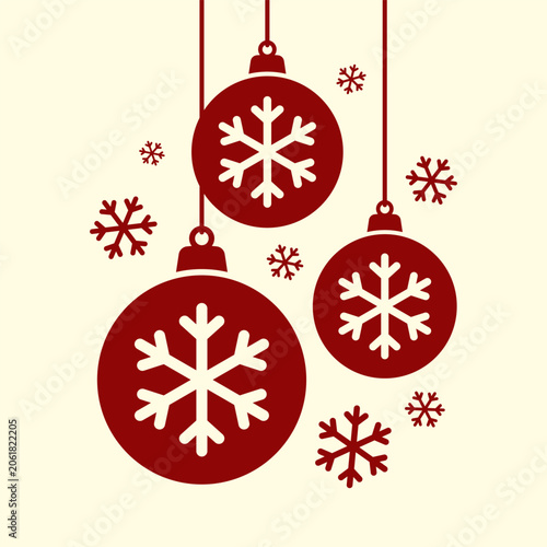 Red hanging Christmas tree balls and snowflakes. Colored silhouette. Vertical front and side views. Vector simple flat graphic illustration. Isolated object on a white background.