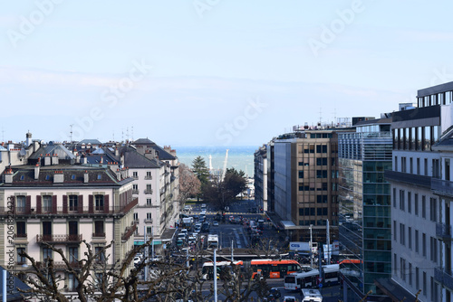 Geneva cityscape view showing traffic on street