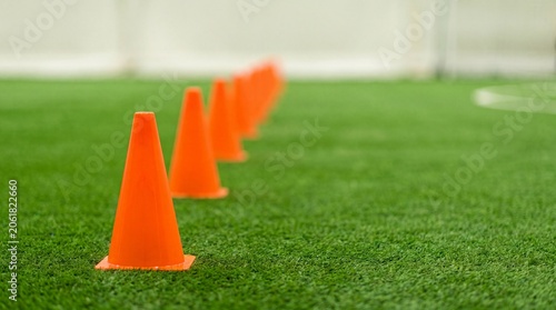 Professional Sports Agility Training Drills on Green Grass Field with Orange Cones