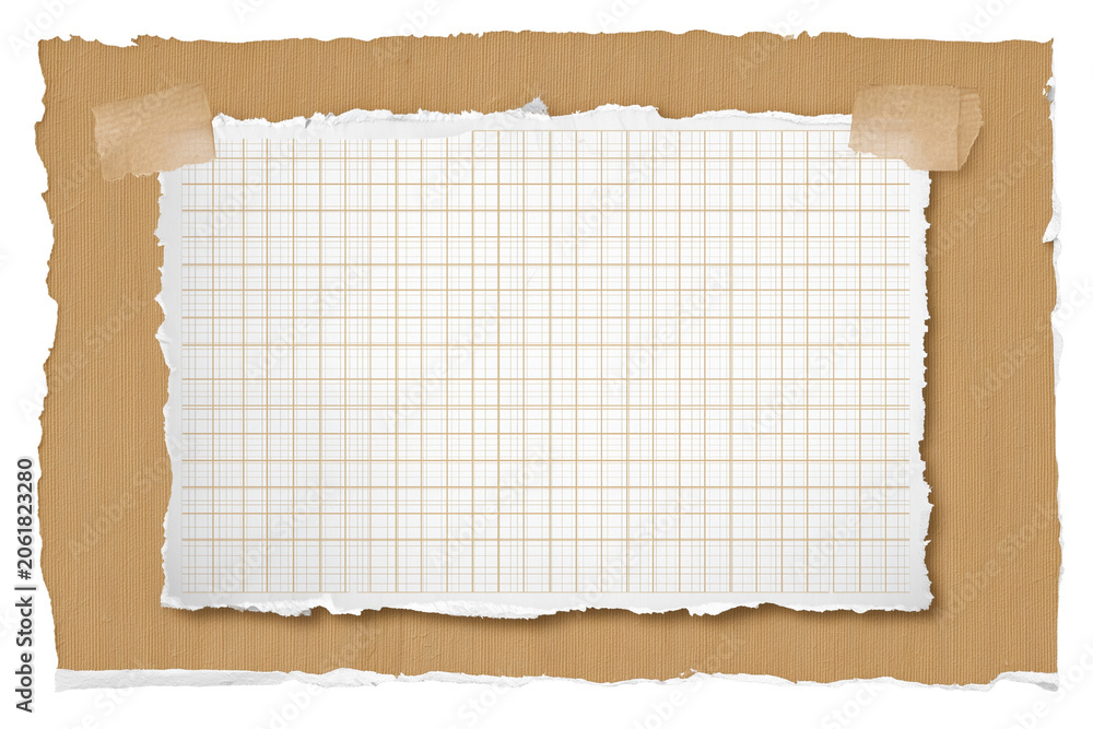 Fototapeta premium Blank torn grid paper with masking tape and kraft cardboard isolated on white background, Clipping Path, png