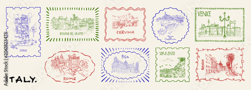 Italy travel stamps. Italian landmarks vintage postcard. Whimsical border frame summer vacation stickers. Rome, Venice, Pisa, Genova, Catania, Amalfi, Abruzzo scene retro Mediterranean vacation labels
