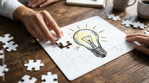 Solving a puzzle on a wooden desk to find a creative solution.