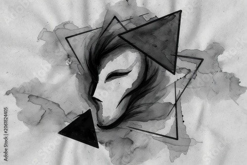 Ink wash abstract portrait with black geometric triangles on textured paper background