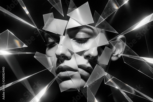 Black and white surreal portrait fragmented into glass prism shards with light refraction on dark background cubism 