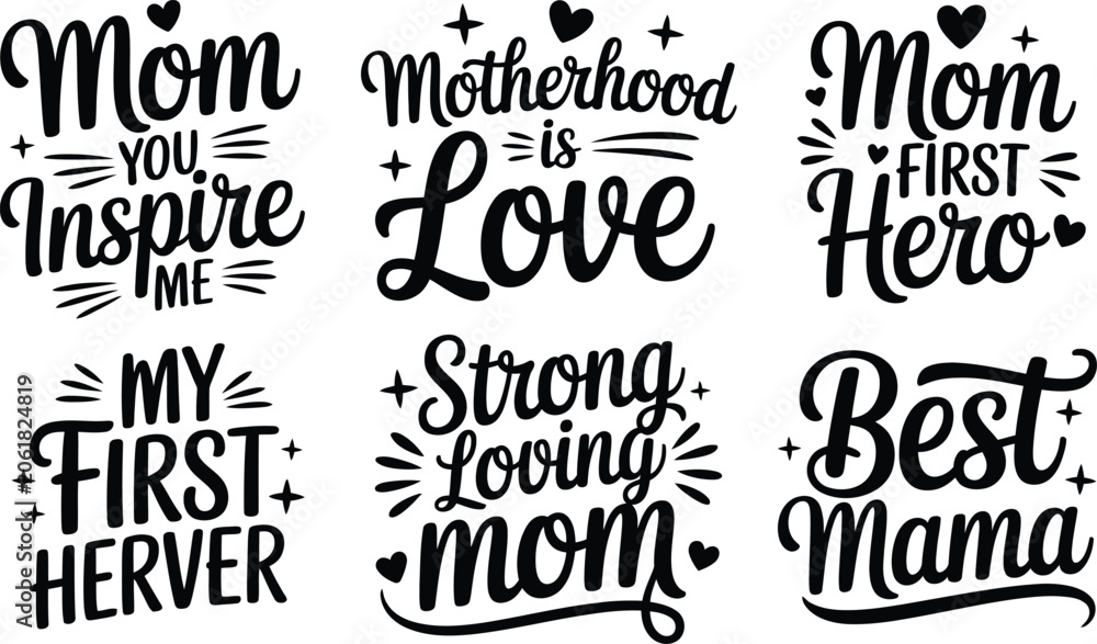 Obraz premium Retro Motherhood Typography Bundle, Set of 6 Mom Life Quotes, Vintage Mama Squad and Mother's Day Lettering Designs, Black Vector EPS Graphics isolated PNG with Transparent Background