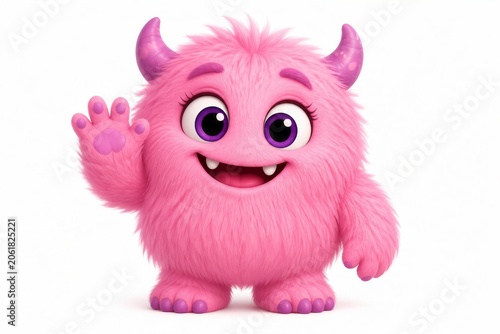 Pink cartoon monster waving and smiling on white background