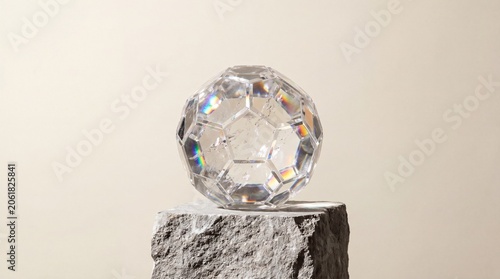 Luxury Concept with Clear Crystal Soccer Ball Displayed on Rugged Marble Podium