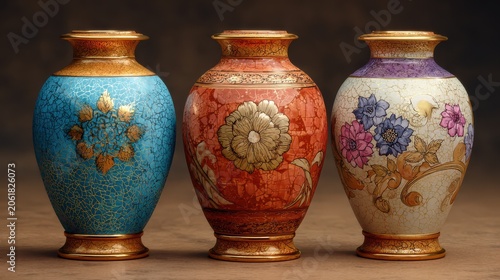Three ornate ceramic vases with intricate patterns in warm studio lighting against a dark background