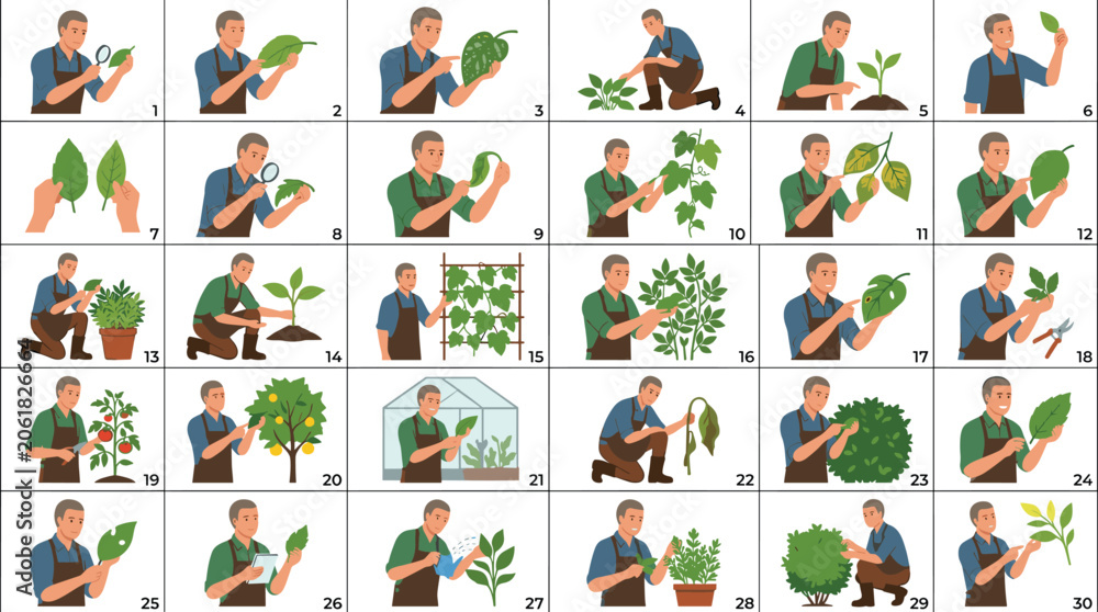 Obraz premium Gardener examining plants collection of various agriculture and plant care activities