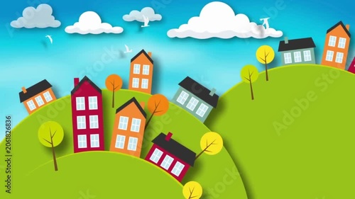 2D Animated Colorful Houses on Green Hills with Rolling Clouds