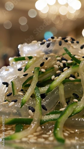 Vertical video: Traditional Chinese jellyfish and cucumber salad sprinkled with sesame seeds. Exotic asian cold appetizer closeup footage