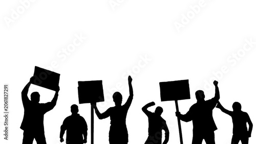 Silhouettes of Angry Crowd of Protesters Holding Signs and Banners