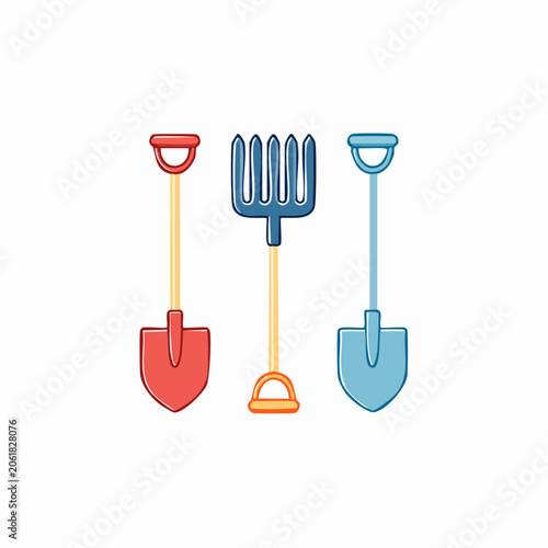 Set of colorful garden tools: shovel, rake, and spade