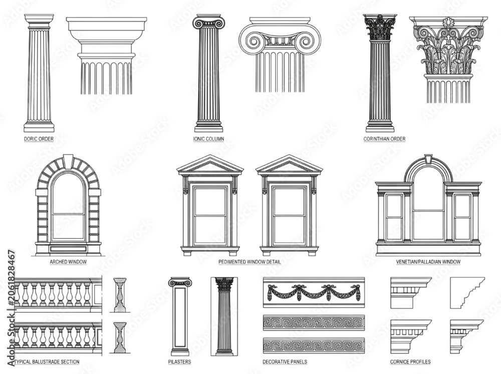 Fototapeta premium Collection of Architectural CAD Detail Drawings Featuring Classical Columns Windows Railings and Ornamentation