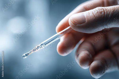 DNA test. Close-up of a human hand holding a saliva collection swab with a droplet at the tip, showcasing the precision of the tool against a blurred background in a clinical setting