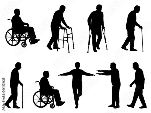 Vector silhouettes of elderly and disabled people with mobility aids for architectural CAD drawings