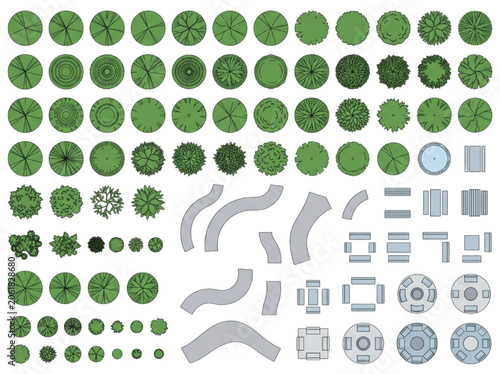 Bild auf Leinwand CAD symbols for landscape architecture design including top view trees, pathways
