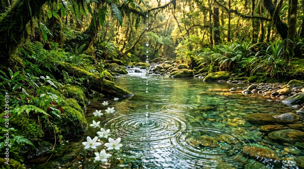 Fototapeta premium Mystical Rainforest Stream with Water Droplets Ripples and Mossy Jungle Background Landscape Asset