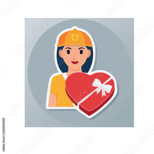 Construction worker holding heart-shaped gift box illustration