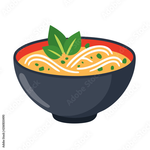 Flat design illustration of a bowl of noodles with green leaves